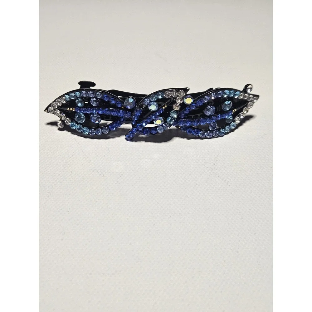 Blue Rhinestone Leaf Hair Barrette Crystal Sparkly Navy Teal Wave Clip Women